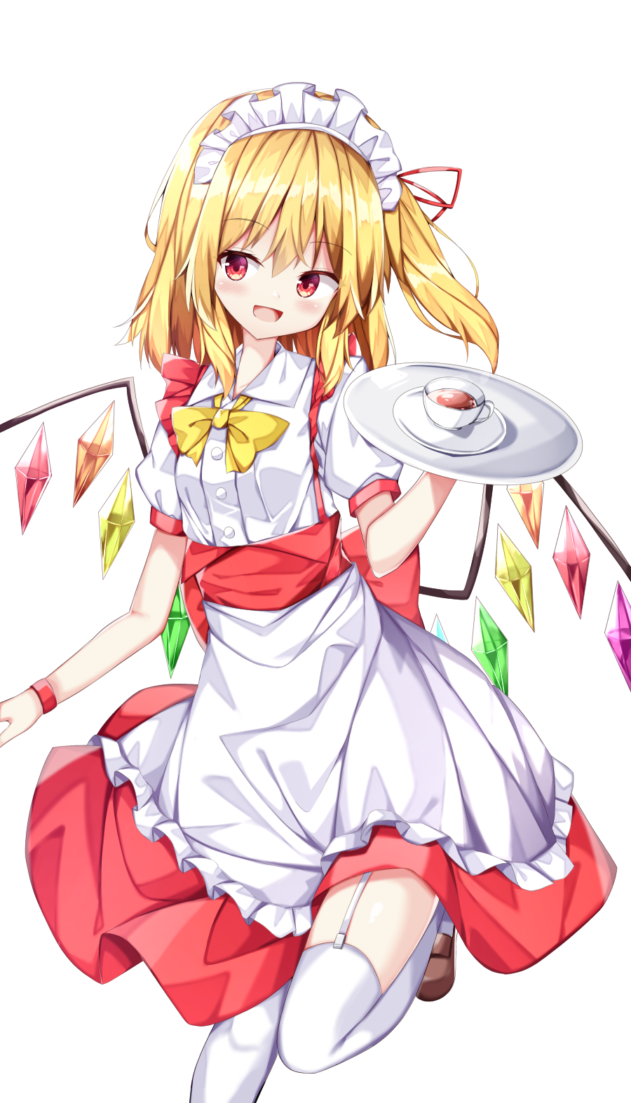 1girl :d blonde_hair bow bowtie crystal cup flandre_scarlet highres holding holding_tray looking_at_viewer maid maid_headdress one_side_up open_mouth red_eyes sabana short_hair smile solo teacup touhou tray wings yellow_bow yellow_bowtie