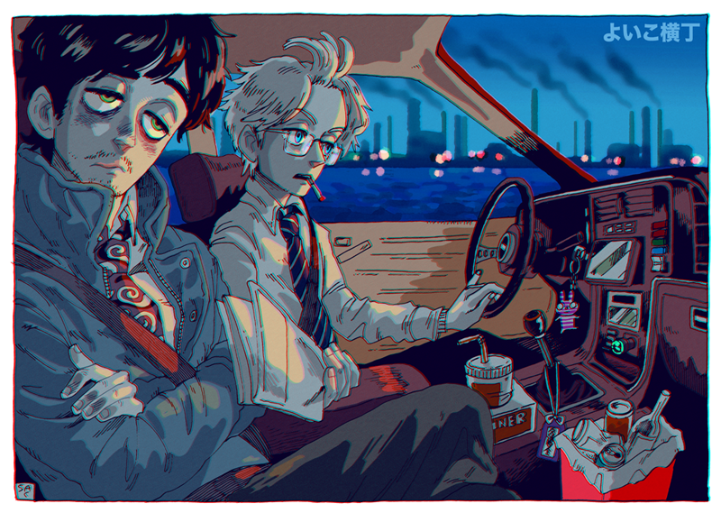 2boys black_hair blonde_hair blue_eyes can car_interior charm_(object) cigarette collared_shirt crossed_arms crossed_legs cup disposable_cup dress_shirt driving facial_hair from_side green_eyes holding jacket kaneoya_sachiko keychain looking_ahead male_focus mouth_hold multiple_boys mustache necktie night original shirt short_hair sitting skyline smokestack smoking soda_can stubble trash_can