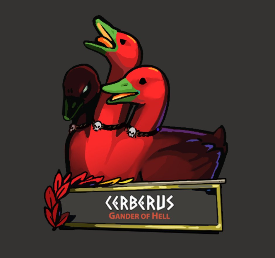 bangs bird black_background cerberus cerberus_(hades) character_name colored_skin creature duck english_text goose_(untitled_goose_game) hades_(series) name_tag no_humans pun red_skin sabtastic simple_background skull tongue tongue_out untitled_goose_game