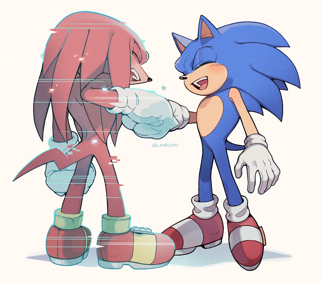 2boys closed_eyes fist_bump full_body gloves knuckles_the_echidna male_focus multiple_boys open_mouth shoes simple_background sk_rokuro smile sonic_(series) sonic_frontiers sonic_the_hedgehog standing white_background white_gloves