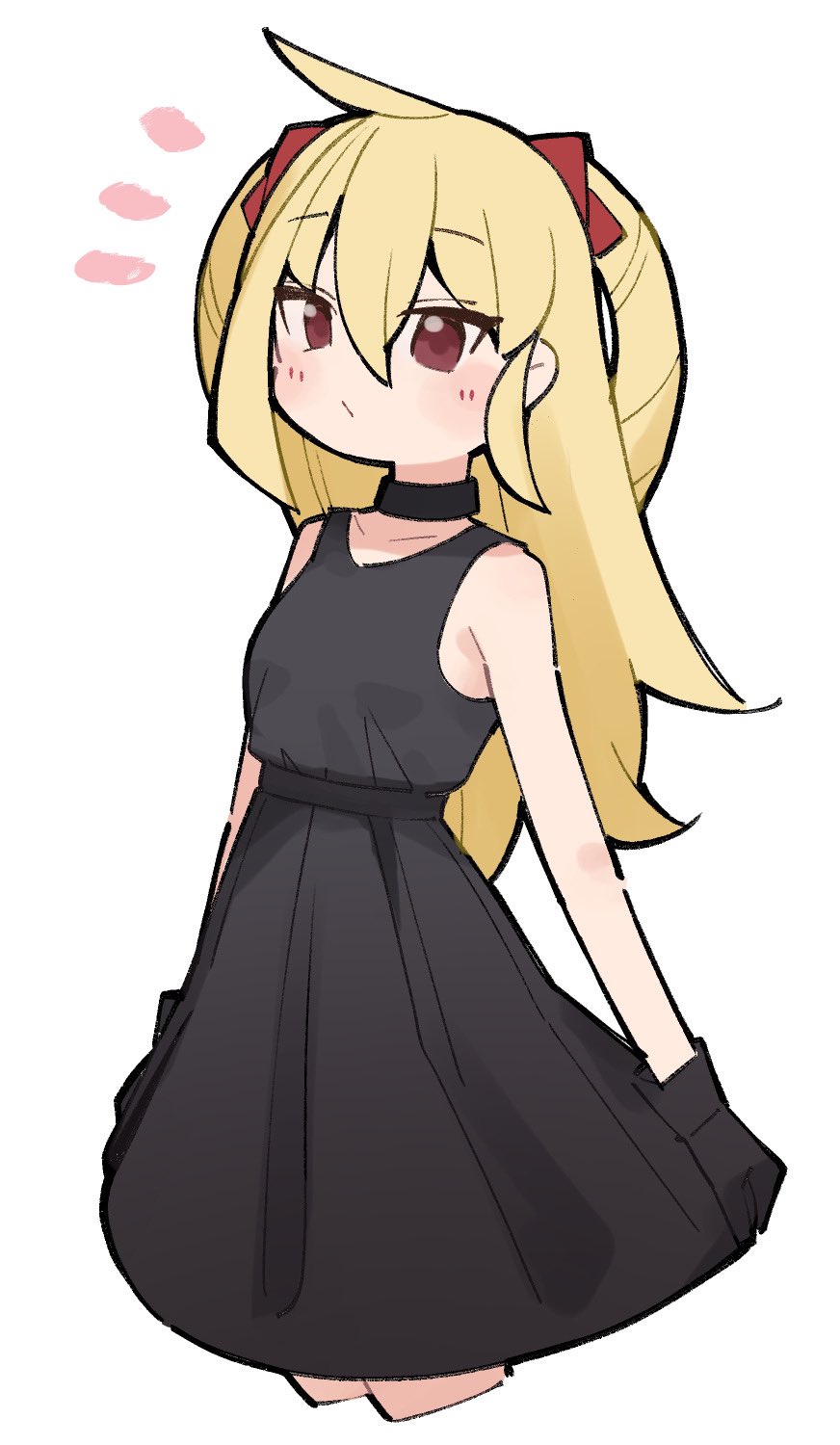 1girl ahoge bangs black_dress black_gloves blonde_hair blush breasts choker closed_mouth cropped_legs dress gloves highres kamo_(kamonabe_44) long_hair looking_at_viewer notice_lines original red_eyes simple_background sleeveless sleeveless_dress small_breasts solo twintails two_side_up white_background