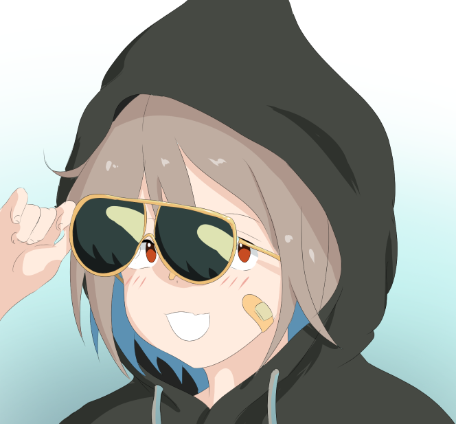 1girl bandaid bandaid_on_face blush do_it_yourself!! drawfag fang gradient gradient_background hood hoodie light_brown_hair parody red_eyes short_hair skin_fang sunglasses ted_kaczynski unabomber yua_serufu