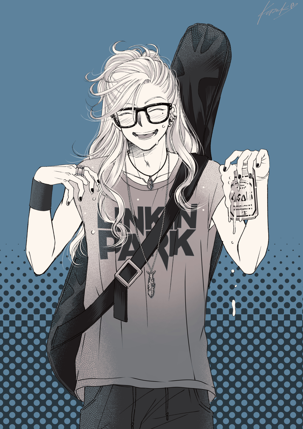 1boy :d alcohol band_yarouze! beer beer_can black-framed_eyewear black_nails blue_background can closed_eyes ear_piercing facing_viewer froth guitar_case highres instrument_case jewelry kazuki_sara linkin_park long_hair male_focus mole mole_under_eye necklace piercing ray_cephart ring shirt sleeveless sleeveless_shirt smile solo standing wristband