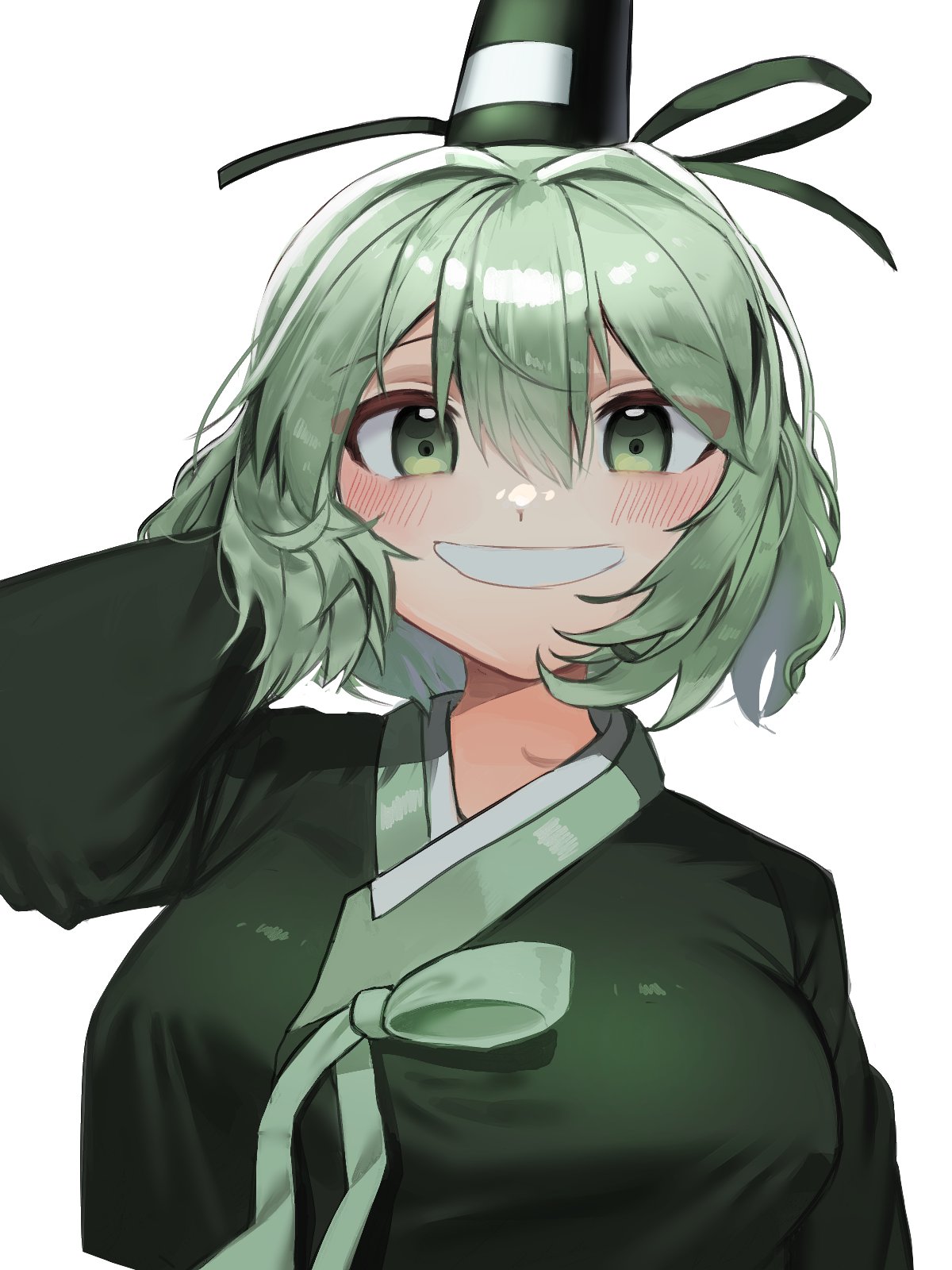 10000_we 1girl black_headwear breasts green_eyes green_hair green_kimono hat highres japanese_clothes kimono large_breasts looking_at_viewer ofuda ofuda_on_clothes short_hair simple_background smile soga_no_tojiko solo tate_eboshi touhou upper_body white_background