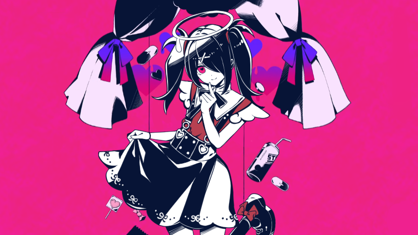 1girl ame-chan_(needy_girl_overdose) black_hair black_ribbon black_skirt bow can candy collar collared_shirt curtains darling_dance_(vocaloid) evandragon food footwear_bow hair_ornament hair_over_one_eye hair_tie hairclip halo heart heart-shaped_pupils heart_lollipop jirai_kei limited_palette lollipop long_hair looking_at_viewer melting_halo neck_ribbon needy_girl_overdose parody pill pink_background pink_eyes red_shirt ribbon shaped_lollipop shirt shirt_tucked_in skirt skirt_hold smile solo suspender_skirt suspenders symbol-shaped_pupils twintails white_collar x_hair_ornament
