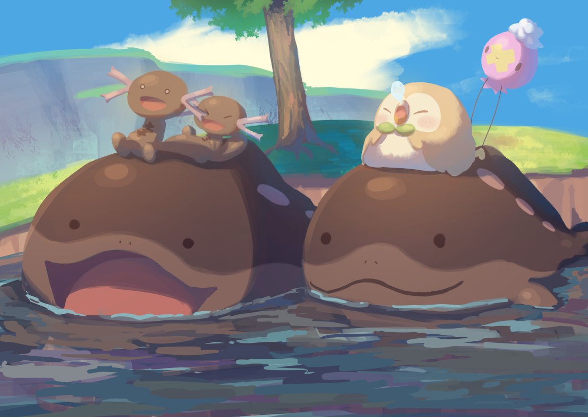 bubble clodsire closed_mouth clouds commentary_request day drifloon evolutionary_line grass mokukitusui no_humans outdoors paldean_wooper pokemon pokemon_(creature) riding riding_pokemon rowlet sky sleeping smile solid_oval_eyes tree water