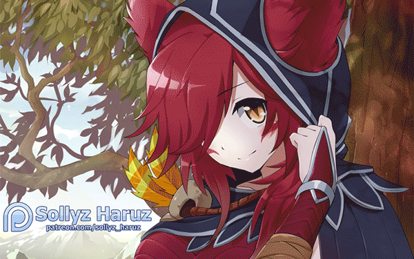 1girl animated animated_gif artist_name bangs black_cape breasts cape facial_mark feathers hand_up hood hood_up large_breasts league_of_legends long_hair long_sleeves orange_eyes outdoors portrait redhead shiny shiny_hair smile sollyz solo tree web_address xayah