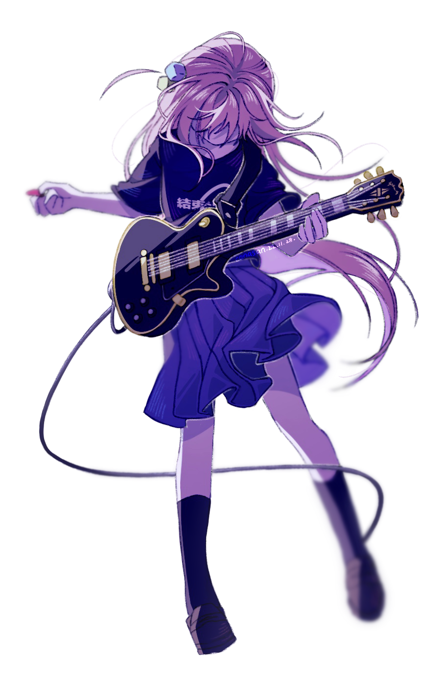 1girl bangs black_shirt black_socks blue_skirt bocchi_the_rock! brown_footwear electric_guitar full_body gibson_les_paul gotou_hitori guitar gusheng641 head_down highres holding holding_instrument holding_plectrum instrument loafers long_hair music one_side_up pink_hair playing_instrument pleated_skirt plectrum shirt shoes short_sleeves simple_background skirt socks solo white_background