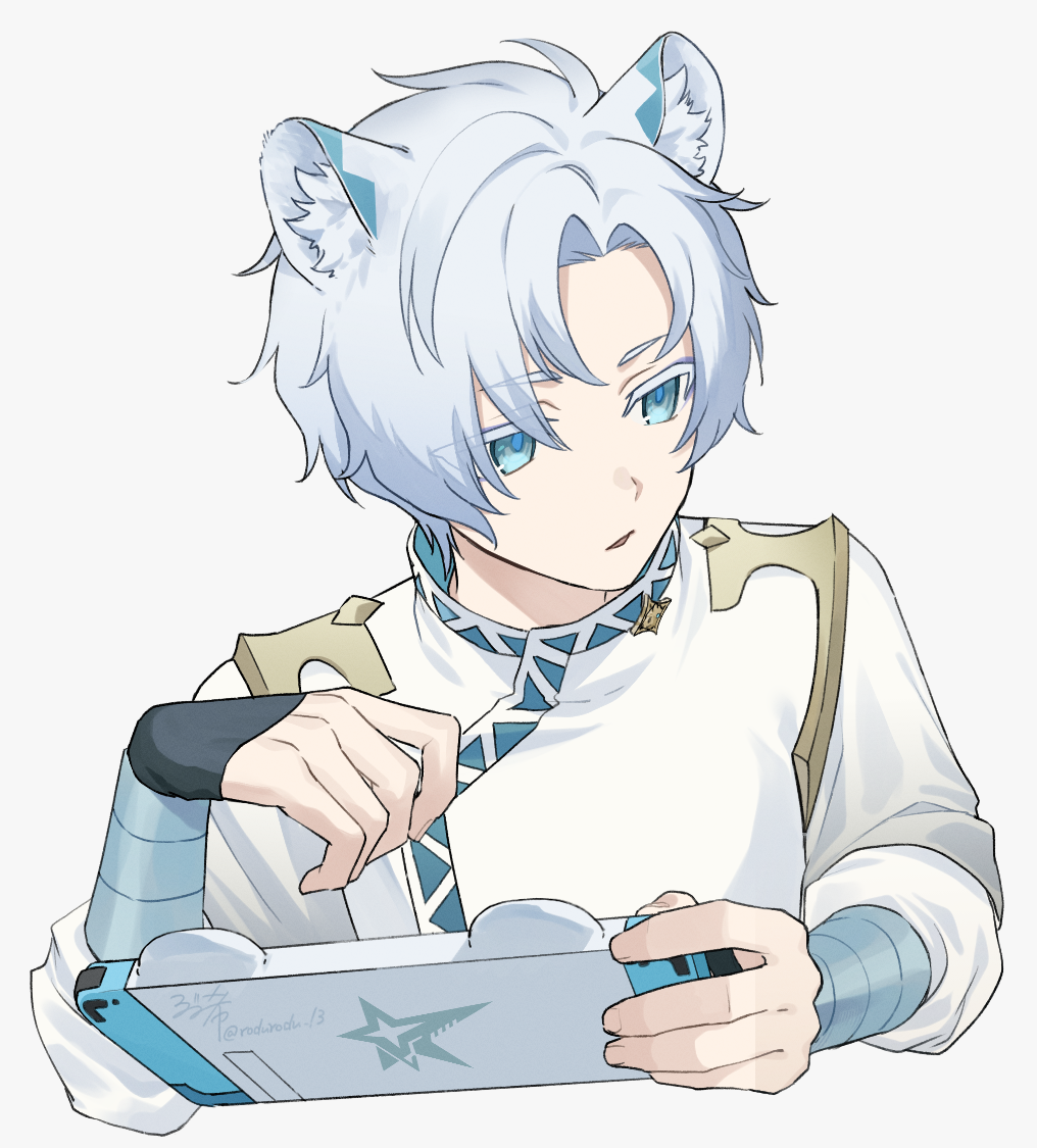 1boy animal_ears bangs blue_eyes blue_pupils colored_eyelashes cropped_torso curtained_hair hajimari_no_kioku handheld_game_console holding holding_handheld_game_console looking_to_the_side male_focus parted_bangs parted_lips rozu_ki shirt short_hair simple_background sleeves_past_wrists solo tiger_boy tiger_ears uratty white_background white_hair white_shirt