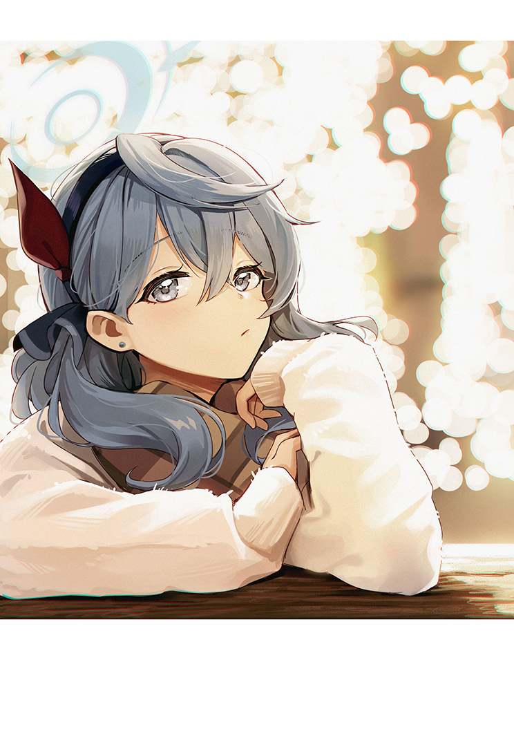 1girl ako_(blue_archive) arm_rest blue_archive blue_hair blurry bokeh depth_of_field earrings fur_jacket halo jacket jewelry letterboxed looking_at_viewer picter solo stud_earrings