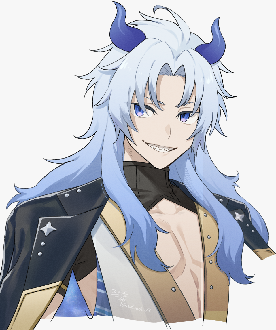 1boy bangs black_jacket blue_eyes blue_hair blue_horns cropped_torso curtained_hair grin hajimari_no_kioku horns jacket jacket_on_shoulders light_blue_hair long_hair looking_at_viewer male_focus parted_bangs pectoral_cleavage pectorals rozu_ki sharp_teeth shrug_(clothing) simple_background sleeveless sleeveless_jacket smile solo stridon teeth toned toned_male white_background white_jacket