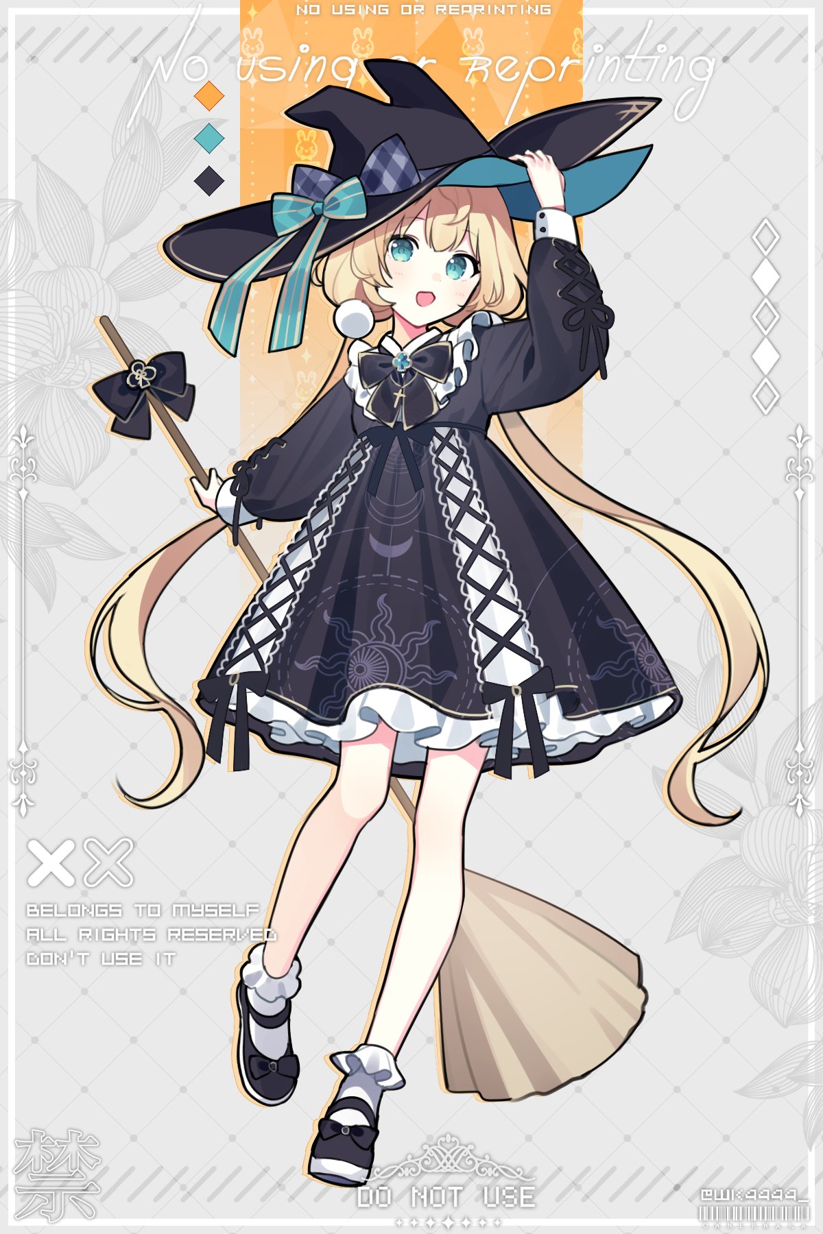 1girl :3 :d adjusting_clothes adjusting_headwear aqua_eyes black_bow black_bowtie black_dress black_footwear black_headwear black_ribbon blonde_hair bobby_socks bow bowtie broom cross-laced_clothes dress full_body hat hat_with_ears highres holding holding_broom long_hair long_sleeves looking_at_viewer low_twintails millie_parfait nijisanji nijisanji_en open_mouth puffy_long_sleeves puffy_sleeves ribbon shoes smile socks solo sun_print twintails very_long_hair virtual_youtuber waka_(wk4444) witch