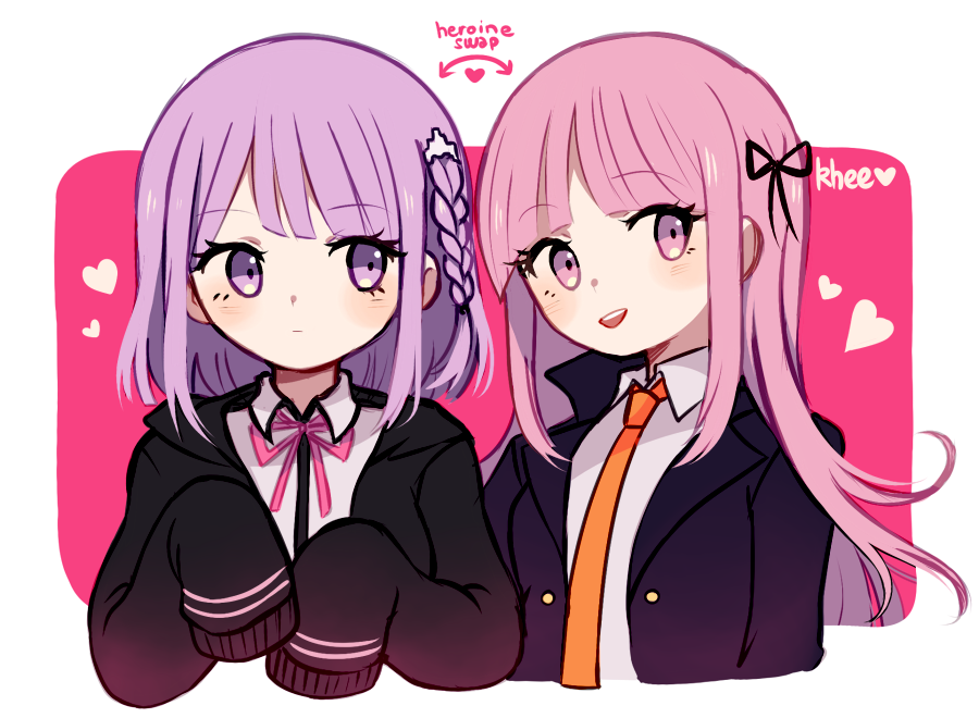 2girls arrow_(symbol) artist_name bangs black_jacket black_ribbon black_shirt braid closed_mouth collared_shirt cropped_torso danganronpa:_trigger_happy_havoc danganronpa_(series) danganronpa_2:_goodbye_despair english_text galaga hair_ornament hair_ribbon heart jacket khee kirigiri_kyouko light_blush light_purple_hair long_hair looking_at_another looking_to_the_side multiple_girls nanami_chiaki neck_ribbon necktie open_clothes open_jacket open_mouth orange_necktie personality_switch pink_background pink_eyes pink_hair pink_ribbon popped_collar purple_hair ribbon shirt side_braid sideways_glance sleeves_past_fingers sleeves_past_wrists teeth two-tone_shirt upper_body upper_teeth_only very_long_sleeves violet_eyes white_background white_shirt