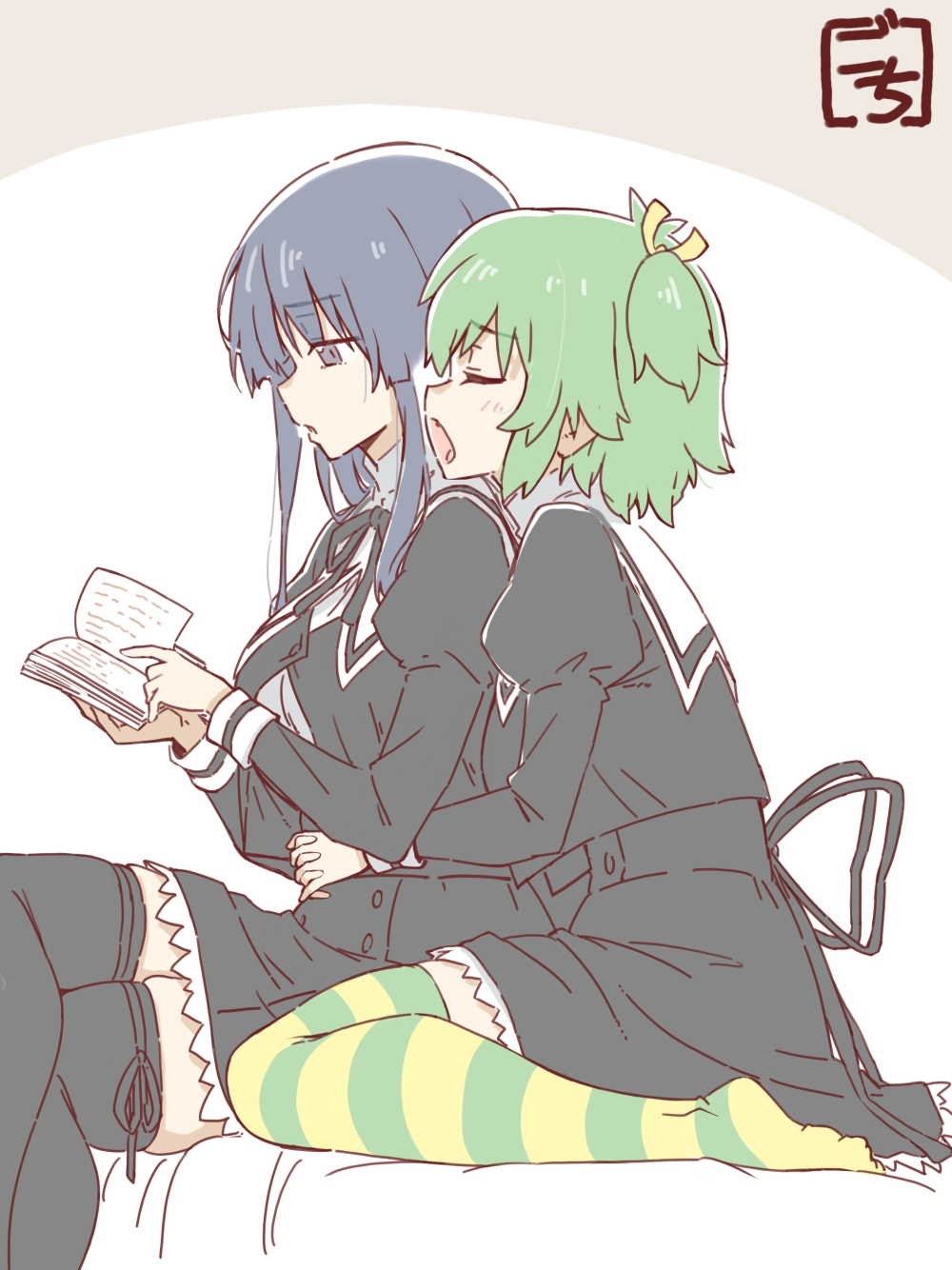 2girls antenna_hair artist_name assault_lily bangs bed black_hair black_ribbon black_skirt black_thighhighs book breasts brown_background buttons closed_eyes commentary cropped_jacket crossed_legs frilled_skirt frills from_side gochisousama_(tanin050) green_hair green_thighhighs hair_between_eyes hair_ribbon hands_up head_on_another's_shoulder heads_together high-waist_skirt highres holding holding_book hug hug_from_behind interlocked_fingers juliet_sleeves large_breasts leg_ribbon light_blush long_hair long_sleeves looking_at_object looking_down miniskirt multicolored_thighhighs multiple_girls no_shoes on_bed open_book open_mouth own_hands_together parted_lips profile puffy_sleeves reading ribbon school_uniform shirai_yuyu shirt short_hair sidelocks sitting skirt striped striped_thighhighs thigh-highs thigh_ribbon two-tone_background two_side_up violet_eyes wariza white_background white_shirt yellow_ribbon yellow_thighhighs yoshimura_thi_mai yuri yurigaoka_girls_academy_school_uniform zettai_ryouiki