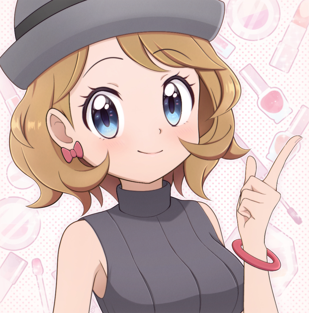 1girl bangs blonde_hair blue_eyes bracelet breasts closed_mouth commentary_request earrings eyelashes grey_headwear hand_up hat index_finger_raised jewelry kouzuki_(reshika213) looking_at_viewer medium_hair pokemon pokemon_(anime) pokemon_journeys serena_(pokemon) smile solo sweater_vest upper_body