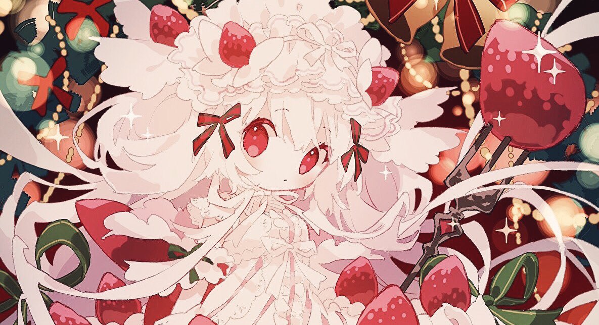1girl alcremie alcremie_(strawberry_sweet) bow closed_mouth colored_skin detached_sleeves dress food food-themed_hair_ornament fork fruit hair_bow hair_ornament hair_rings hairband hibi89 holding holding_fork lolita_hairband long_hair looking_at_viewer personification pokemon red_bow red_eyes solo sparkle strawberry strawberry_hair_ornament very_long_hair white_dress white_hair white_skin