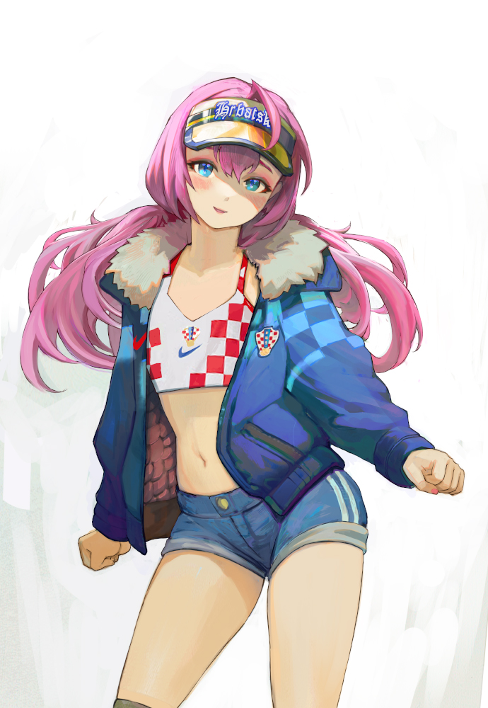 2022_fifa_world_cup blue_eyes corel_painter croatia croatian_flag crop_top floating_hair holding jacket navel pink_hair short_shorts shorts twintails visor_cap world_cup yugen99