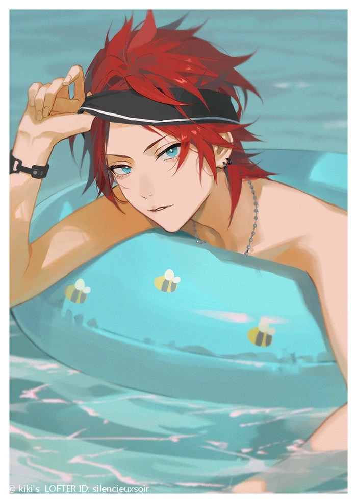 1boy adjusting_clothes adjusting_headwear amagi_rinne blue_eyes blue_innertube border earrings english_text ensemble_stars! eyokiki in_water jewelry looking_at_viewer male_focus necklace open_mouth redhead short_hair white_border