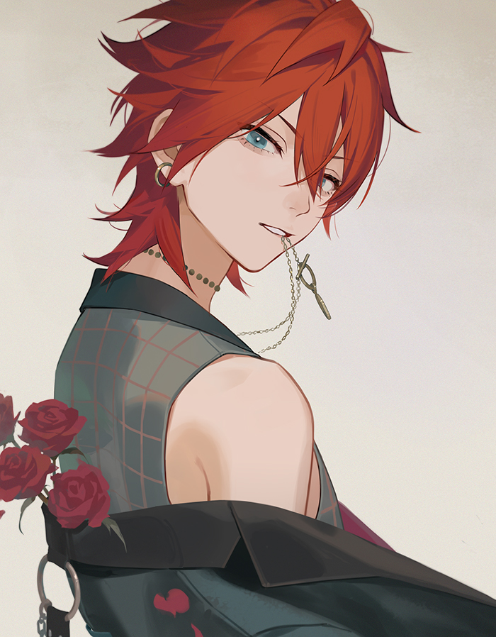 1boy amagi_rinne blue_eyes earrings ensemble_stars! eyokiki flower grey_background jewelry looking_at_viewer looking_back male_focus mouth_hold necklace off_shoulder open_mouth red_flower red_rose redhead rose short_hair simple_background single_bare_shoulder