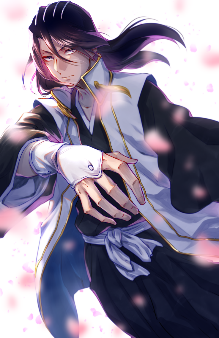 1boy bangs black_eyes black_hair black_kimono black_sleeves bleach cherry_blossoms collarbone expressionless falling_petals fingerless_gloves gloves gold_tassel hair_between_eyes hair_strand haori high_collar japanese_clothes kimono kuchiki_byakuya lips long_hair long_sleeves looking_to_the_side nose obi open_clothes open_hand outstretched_arm petals sash shaded_face simple_background solo soraao0322 tassel v-shaped_eyebrows white_background white_gloves white_headwear wide_sleeves