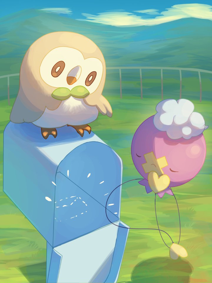 bright_pupils brown_eyes closed_eyes closed_mouth commentary_request day drifloon fence frown grass mailbox_(incoming_mail) mokukitusui no_humans outdoors pokemon pokemon_(creature) rowlet standing white_pupils