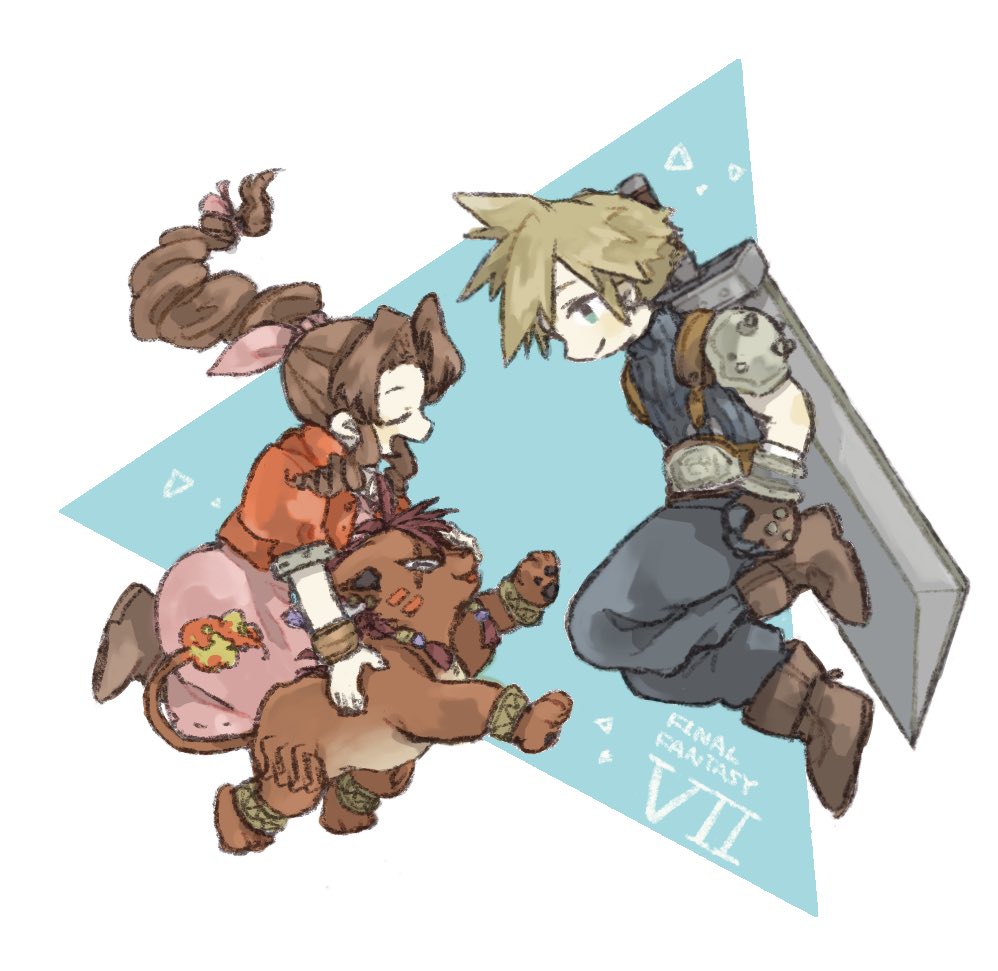 1girl 2boys aerith_gainsborough animal armor bangle bangs belt blonde_hair blue_pants blue_shirt boots bracelet braid braided_ponytail brown_footwear brown_hair buster_sword chocosan_69 closed_eyes cloud_strife cropped_jacket dress facial_mark final_fantasy final_fantasy_vii full_body gloves hair_ribbon jacket jewelry long_dress long_hair looking_at_another multiple_boys open_mouth orange_fur pants parted_bangs pink_dress pink_ribbon puffy_short_sleeves puffy_sleeves red_jacket red_xiii redhead ribbon scar scar_across_eye shirt short_hair short_sleeves shoulder_armor sidelocks smile spiky_hair suspenders weapon weapon_on_back