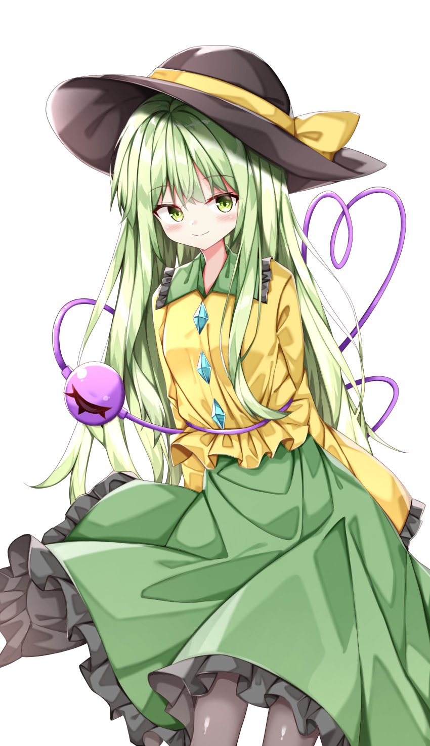 1girl alternate_hair_length alternate_hairstyle bangs black_headwear closed_mouth frilled_skirt frills green_eyes green_hair green_skirt hat hat_ribbon heart highres komeiji_koishi long_hair looking_at_viewer ribbon sabana shirt sidelocks simple_background skirt smile solo standing third_eye touhou white_background yellow_ribbon yellow_shirt