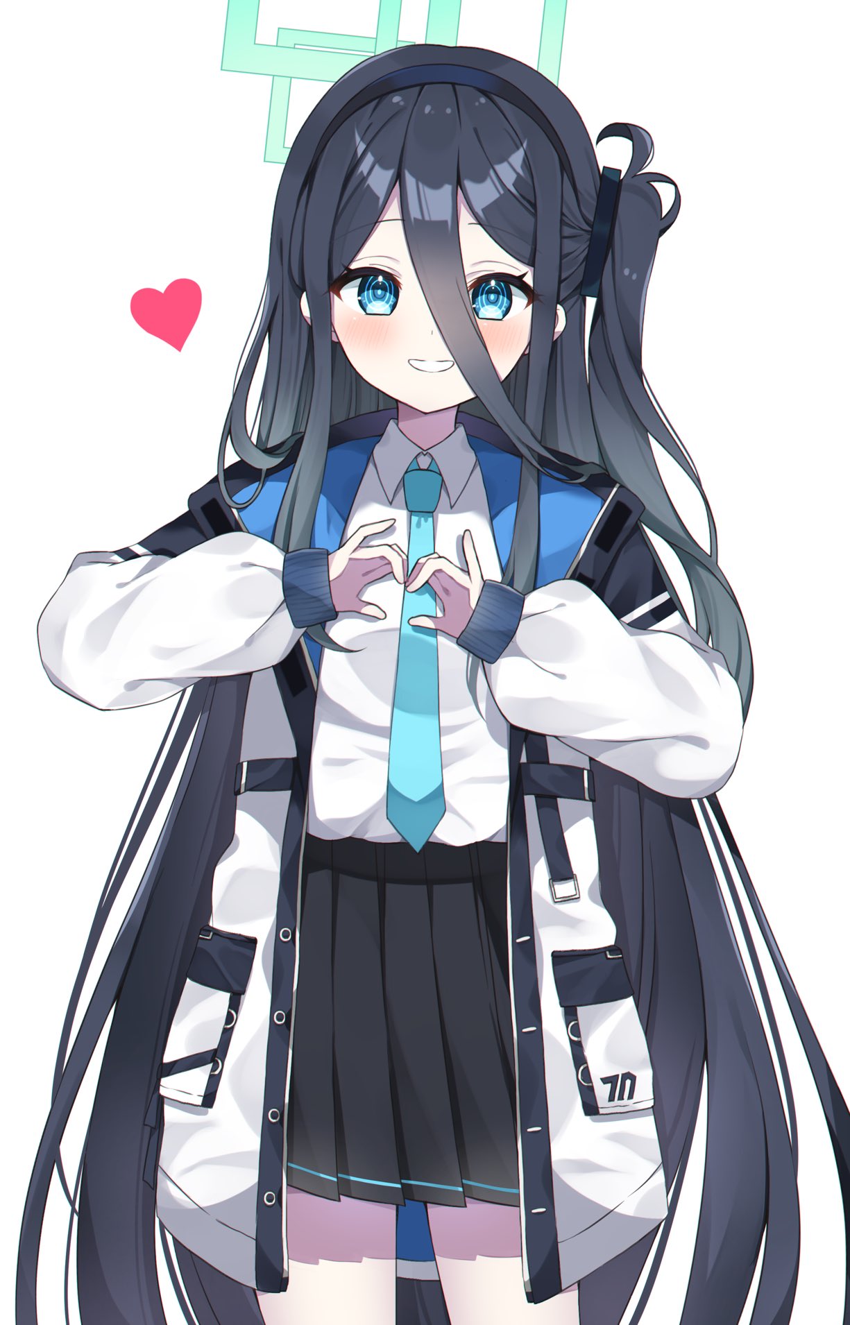 1girl aqua_necktie aris_(blue_archive) black_hair black_skirt blue_archive blue_eyes hair_between_eyes halo heart highres jacket long_hair long_sleeves looking_at_viewer murase48 necktie pleated_skirt shirt side_ponytail skirt smile solo standing thighs very_long_hair white_jacket white_shirt white_sleeves