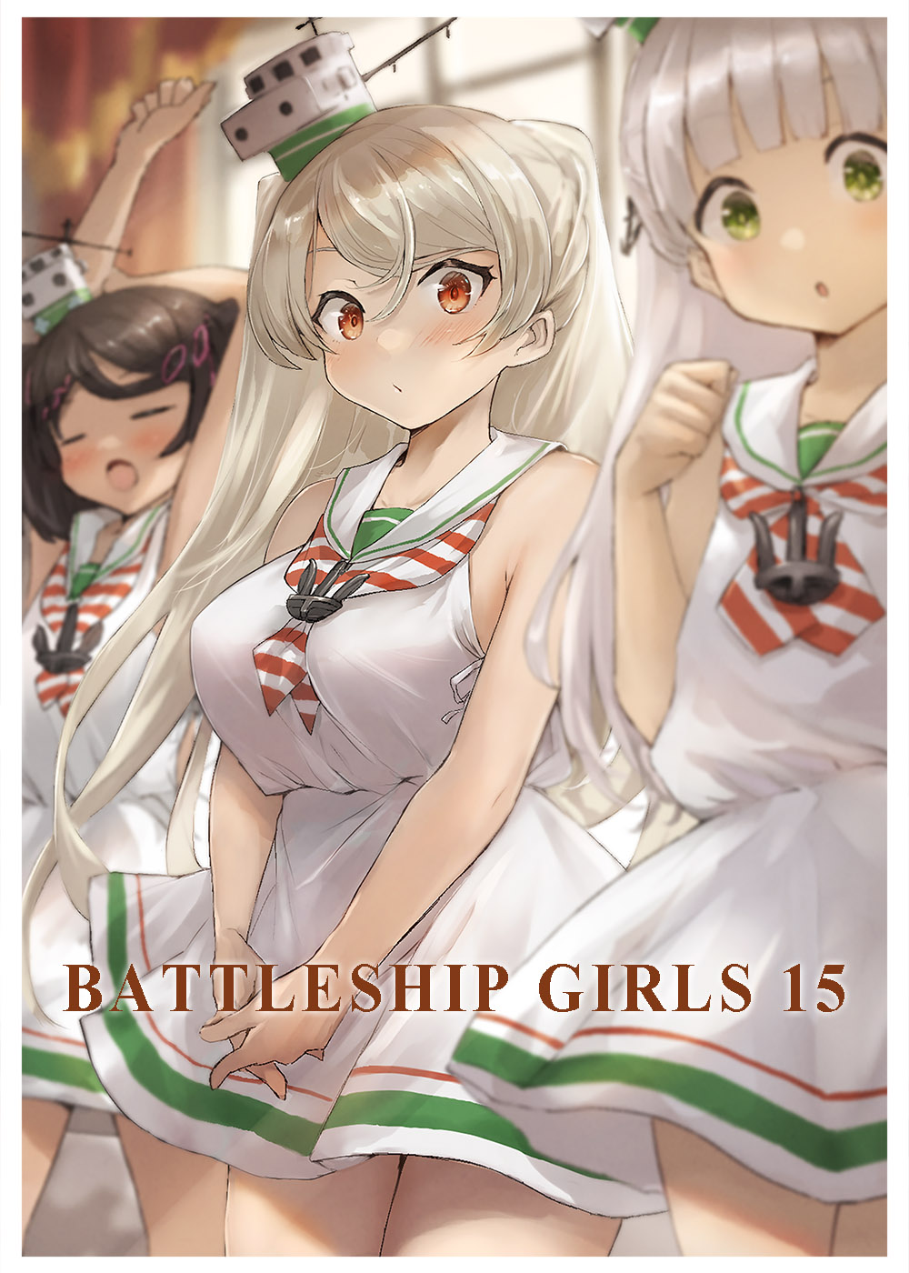 3girls anchor_necklace bangs black_hair blunt_bangs blurry border breasts brown_eyes commentary_request conte_di_cavour_(kancolle) cosplay cowboy_shot depth_of_field dress green_eyes grey_hair highres jewelry kantai_collection large_breasts libeccio_(kancolle) libeccio_(kancolle)_(cosplay) long_hair maestrale_(kancolle) matching_outfit mole mole_under_eye multiple_girls necklace one_eye_closed ribbon sailor_dress scirocco_(kancolle) short_hair sleeveless sleeveless_dress toka_(marchlizard) two_side_up white_border white_dress white_ribbon yawning