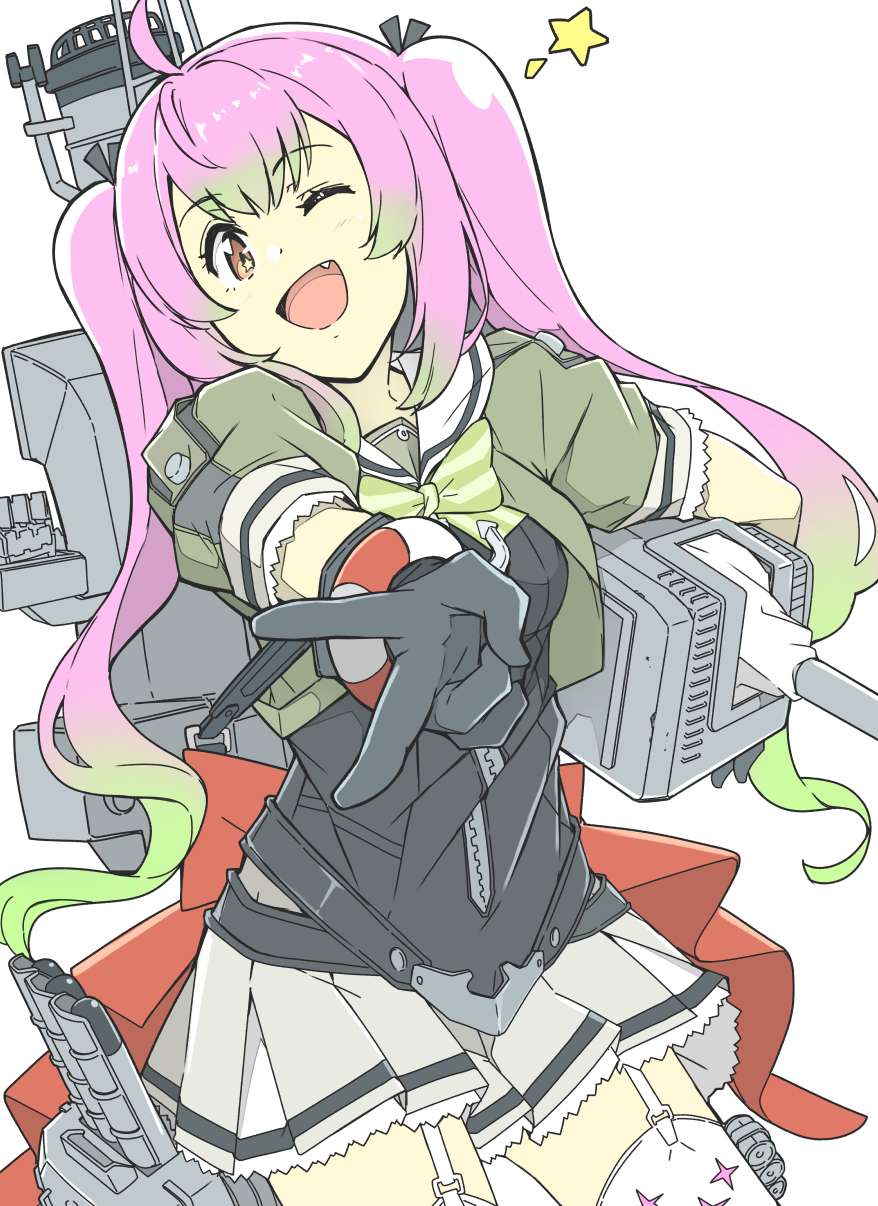 1girl adapted_turret ahoge black_gloves bow bowtie cannon corset fang garter_straps gloves gradient_hair green_bow green_bowtie green_hair grey_sailor_collar grey_skirt highres kantai_collection long_hair looking_at_viewer machinery momo_(kancolle) multicolored_hair ninimo_nimo one_eye_closed pink_hair pleated_skirt red_eyes sailor_collar sailor_shirt school_uniform serafuku shirt skirt smokestack solo sparkle_print thigh-highs torpedo_launcher turret twintails v white_thighhighs zipper