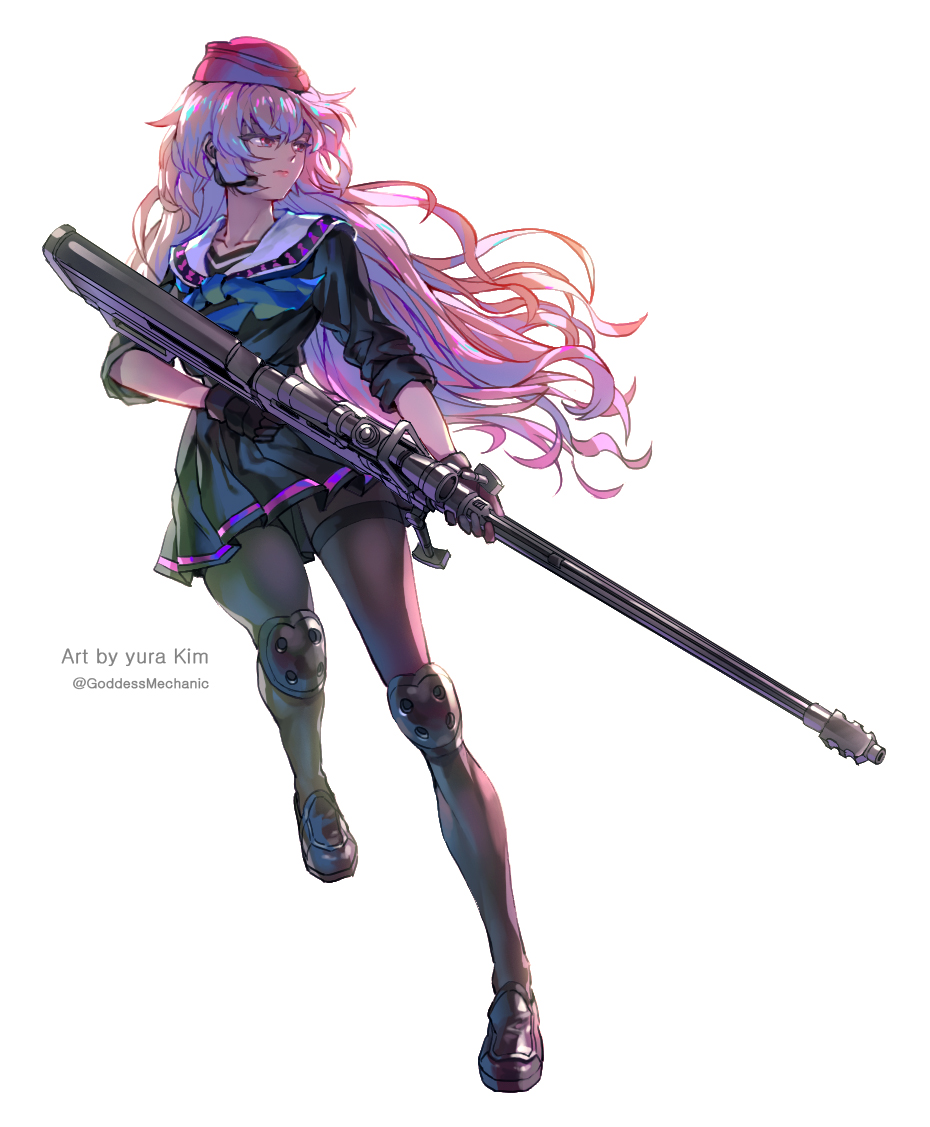 1girl anti-materiel_rifle artist_name black_serafuku english_text girls_frontline gloves gun hat holding kim_yura_(goddess_mechanic) knee_pads long_hair ntw-20 ntw-20_(girls'_frontline) pantyhose pink_eyes pink_hair rifle school_uniform serafuku skirt sniper_rifle solo weapon white_background