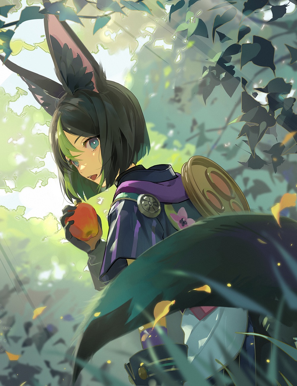 1boy animal_ears apple black_gloves black_hair blue_eyes branch bright_pupils chinese_commentary commentary_request day eyokiki food fox_boy fox_ears fox_tail fruit genshin_impact gloves green_hair highres holding holding_food holding_fruit looking_at_viewer looking_back male_focus multicolored_hair open_mouth outdoors short_hair short_sleeves streaked_hair tail teeth tighnari_(genshin_impact) upper_teeth_only white_pupils