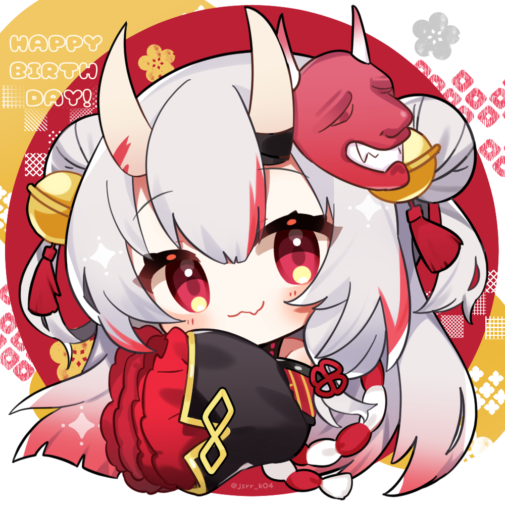 1girl :3 bell blush chibi commentary cropped_torso double_bun fang grey_hair hair_bell hair_bun hair_ornament happy_birthday hololive horns kashiwase_karune kouhaku_nawa long_hair long_sleeves looking_at_viewer mask mask_on_head multicolored_hair nakiri_ayame oni_horns oni_mask red_eyes redhead rope shimenawa skin_fang sleeves_past_fingers sleeves_past_wrists solo streaked_hair symbol-only_commentary twitter_username