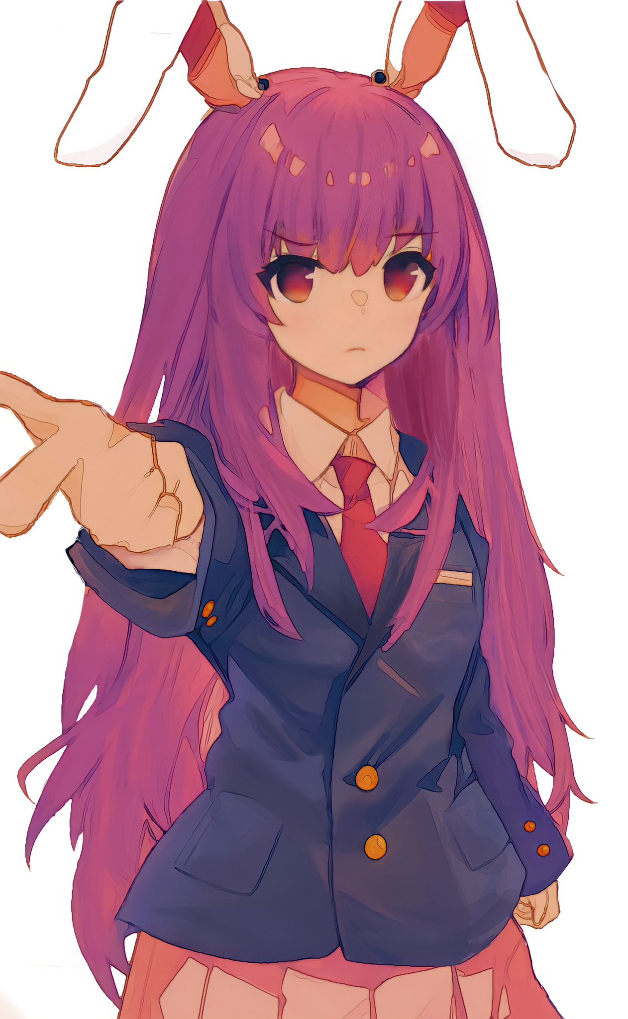 1girl animal_ears black_jacket blazer buttons closed_mouth collared_shirt highres irumina777 jacket long_hair long_sleeves necktie pink_skirt pleated_skirt purple_hair rabbit_ears red_eyes red_necktie reisen_udongein_inaba shirt simple_background skirt solo touhou upper_body white_background white_shirt