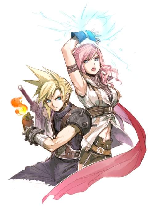 1boy 1girl armband armor bandaged_arm bandages bangs blonde_hair blue_eyes blue_pants blue_shirt breasts buster_sword cape cloud_strife cowboy_shot darklightswrath fighting_stance final_fantasy final_fantasy_vii final_fantasy_xiii fingerless_gloves fire gloves hair_over_shoulder holding holding_sword holding_weapon lightning_farron long_hair medium_breasts midriff navel open_mouth pants pink_hair red_cape shirt short_hair shoulder_armor sleeveless sleeveless_jacket spiky_hair suspenders sword wavy_hair weapon white_background