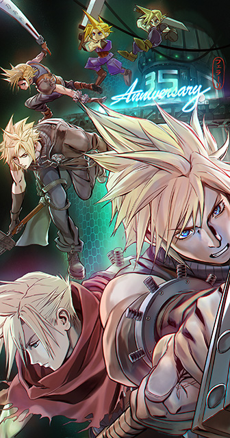 armor artist_name black_pants black_shirt blonde_hair blue_eyes blue_shirt buster_sword clenched_teeth cloak cloud_strife fighting_stance final_fantasy final_fantasy_vii final_fantasy_vii_advent_children final_fantasy_vii_remake full_body gloves hair_between_eyes holding holding_sword holding_weapon kingdom_hearts male_focus multiple_boys pants red_cloak roberto_ferrari shirt short_hair shoulder_armor sleeveless sleeveless_turtleneck spiky_hair suspenders sword teeth torn_clothes turtleneck upper_body variations weapon