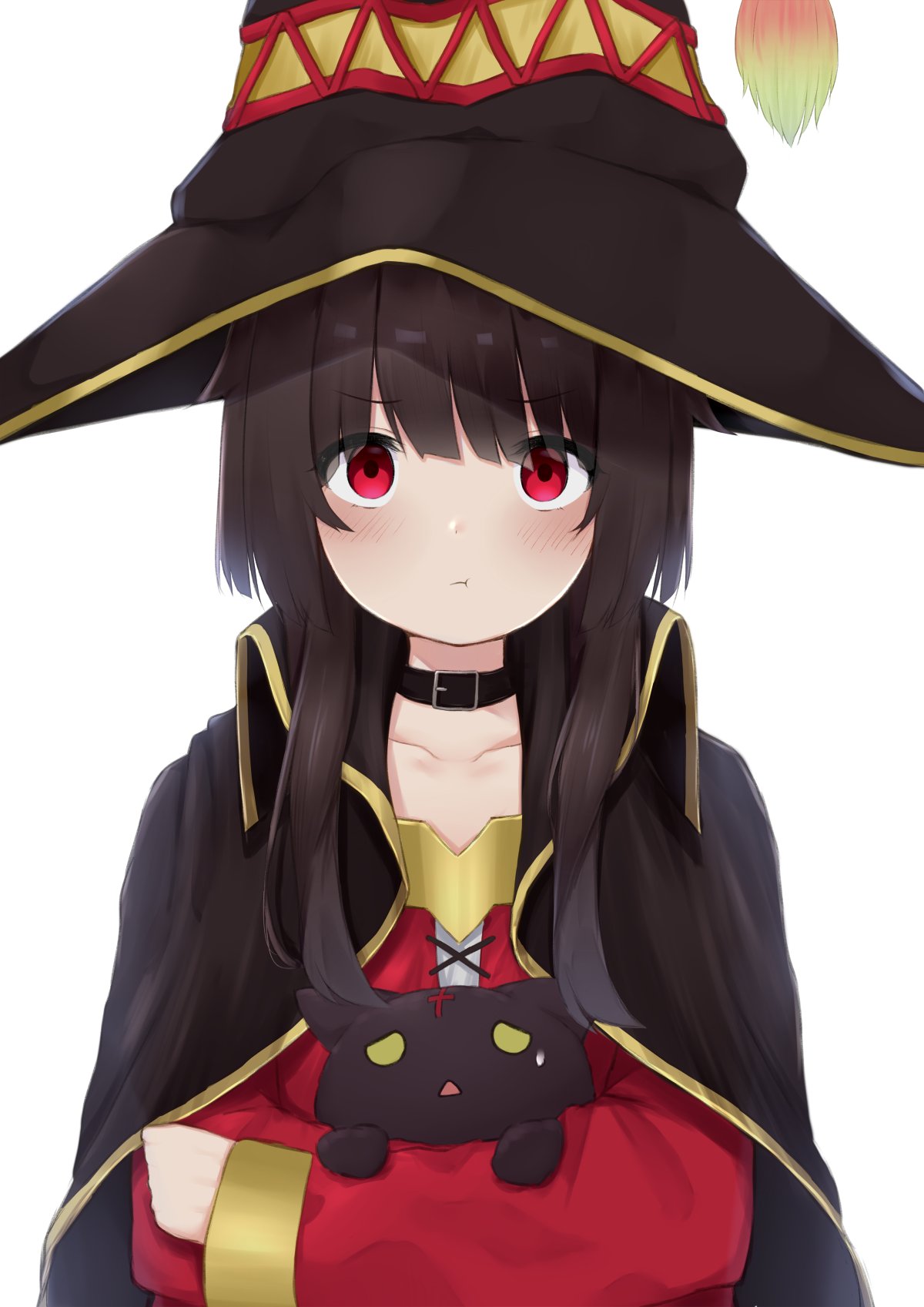 1girl :&lt; :t animal annoyed bangs black_cape black_cat black_choker black_headwear blush cape cat choker chomusuke closed_mouth collarbone commentary crossed_arms dress furrowed_brow hair_between_eyes hat highres holding holding_animal holding_cat kanekan long_sleeves looking_at_viewer megumin pout red_dress red_eyes short_hair short_hair_with_long_locks sidelocks simple_background solo sweatdrop upper_body upturned_eyes white_background witch_hat