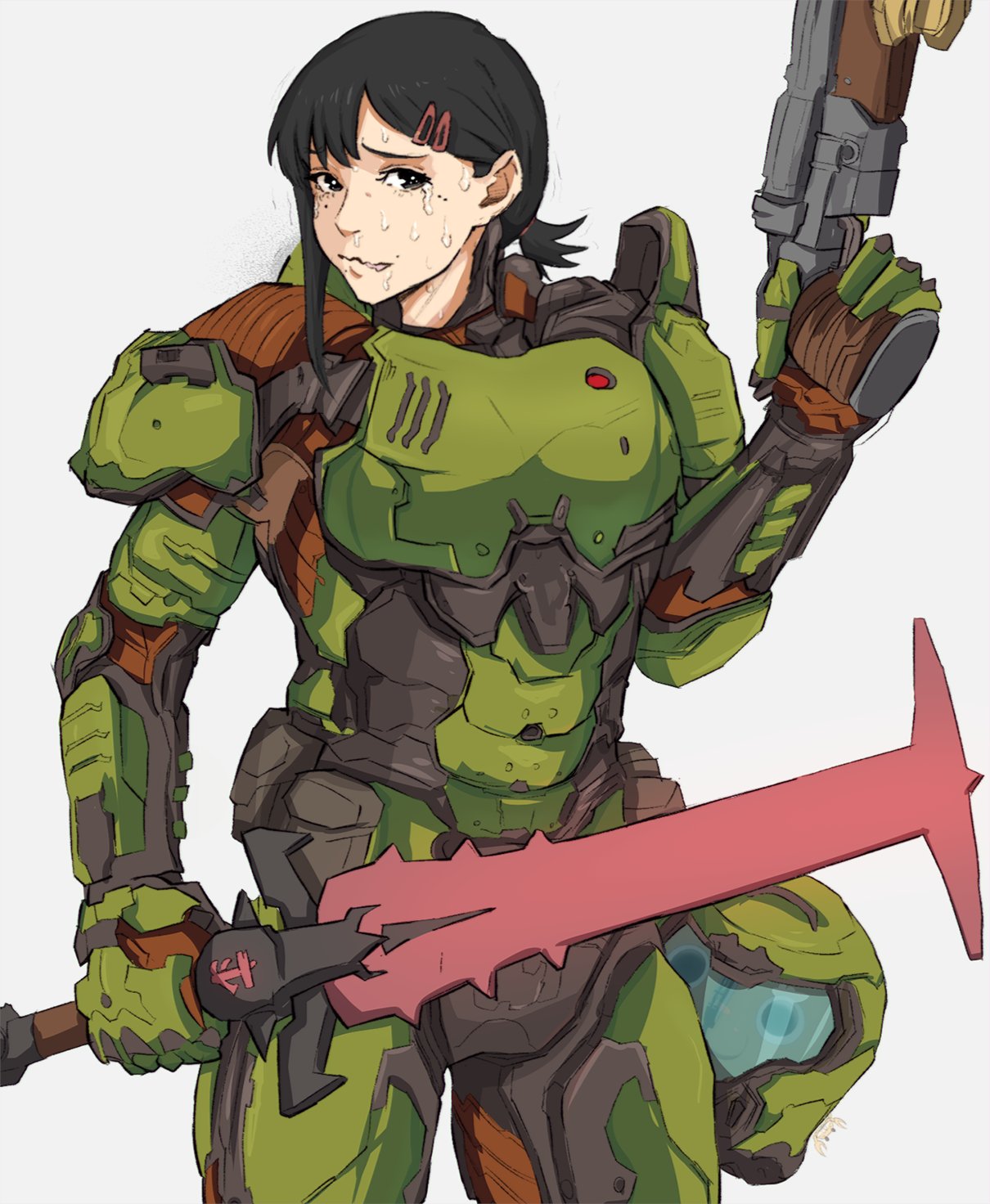 1girl 1other chainsaw_man cosplay crossover crucible_(doom) crying crying_with_eyes_open doom_(game) doom_(series) doom_eternal doomguy doomguy_(cosplay) double-barreled_shotgun dual_wielding gun headwear_removed helmet helmet_removed higashiyama_kobeni highres holding holding_sword holding_weapon mole mole_on_cheek mole_under_eye mole_under_mouth pochita_(chainsaw_man) praetor_suit runny_nose short_ponytail shotgun side_ponytail single_sidelock snot sword tears weapon yoracrab