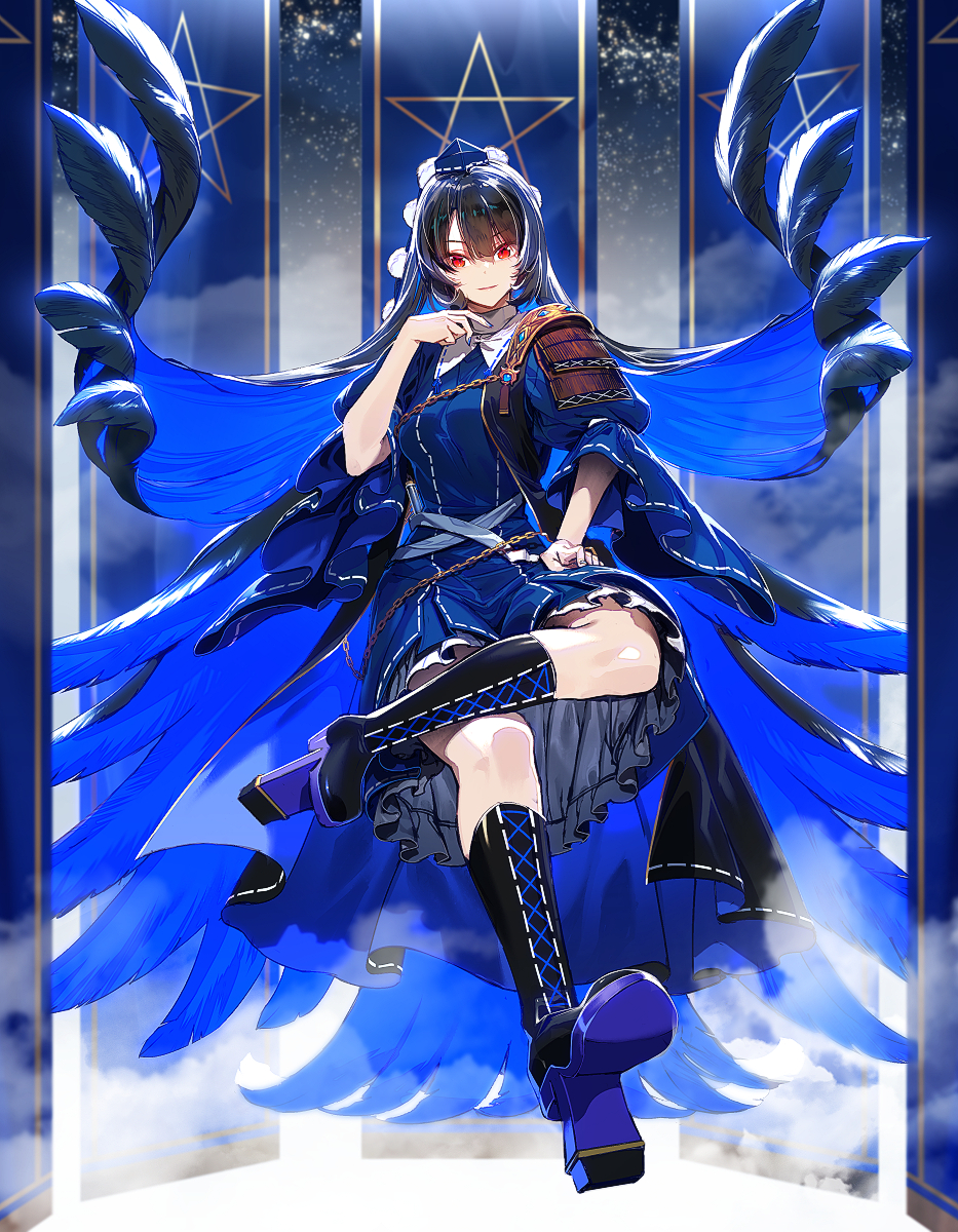 1girl blue_dress blue_hair blue_nails blue_theme boots chain cross-laced_footwear crossed_legs dress feather_hair floating fog frilled_dress frills full_body gem geta hair_wings hand_on_hip hand_to_own_mouth hat highres iizunamaru_megumu knee_boots laces long_hair nail_polish parted_lips pom_pom_(clothes) red_eyes ribbon_trim shoulder_guard sky sleeveless_coat smile solo star_(sky) star_(symbol) starry_sky tengu-geta tokin_hat touhou zounose