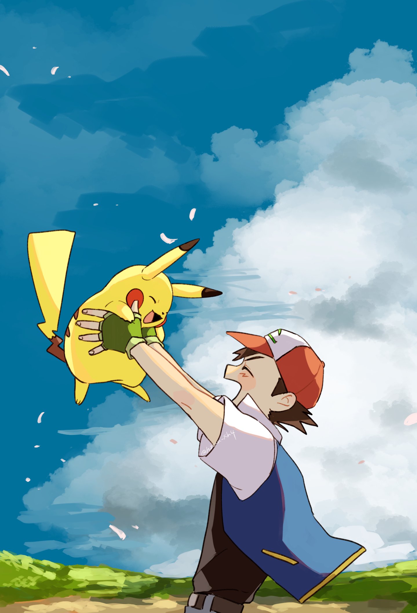 1boy :d arms_up ash_ketchum belt belt_buckle brown_belt buckle closed_eyes clouds day fingerless_gloves from_side gloves green_gloves hat highres holding holding_pokemon jacket male_focus momotose_(hzuu_xh4) open_clothes open_jacket open_mouth outdoors pikachu pokemon pokemon_(anime) pokemon_(classic_anime) pokemon_(creature) shirt sky sleeveless sleeveless_jacket smile