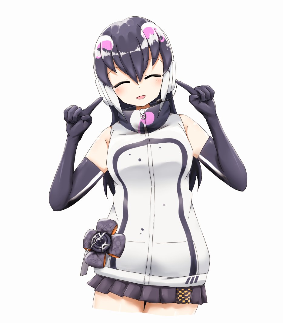 1girl african_penguin_(kemono_friends) aw_r0s bare_shoulders black_hair elbow_gloves gloves headphones kemono_friends kemono_friends_v_project long_hair looking_at_viewer multicolored_hair open_mouth penguin_girl pink_hair shirt simple_background skirt sleeveless sleeveless_shirt smile solo straight_hair virtual_youtuber zipper