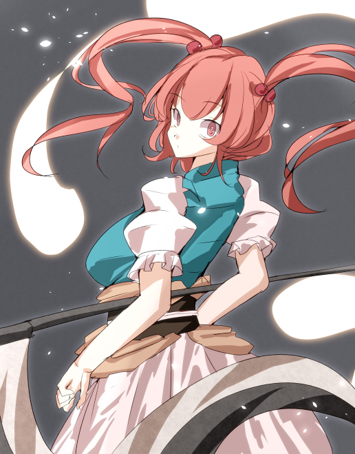 1girl bangs black_background closed_mouth ghost hair_bobbles hair_ornament holding holding_scythe jyaoh0731 long_hair looking_at_viewer looking_back onozuka_komachi puffy_short_sleeves puffy_sleeves red_eyes redhead sash scythe short_sleeves solo touhou twintails