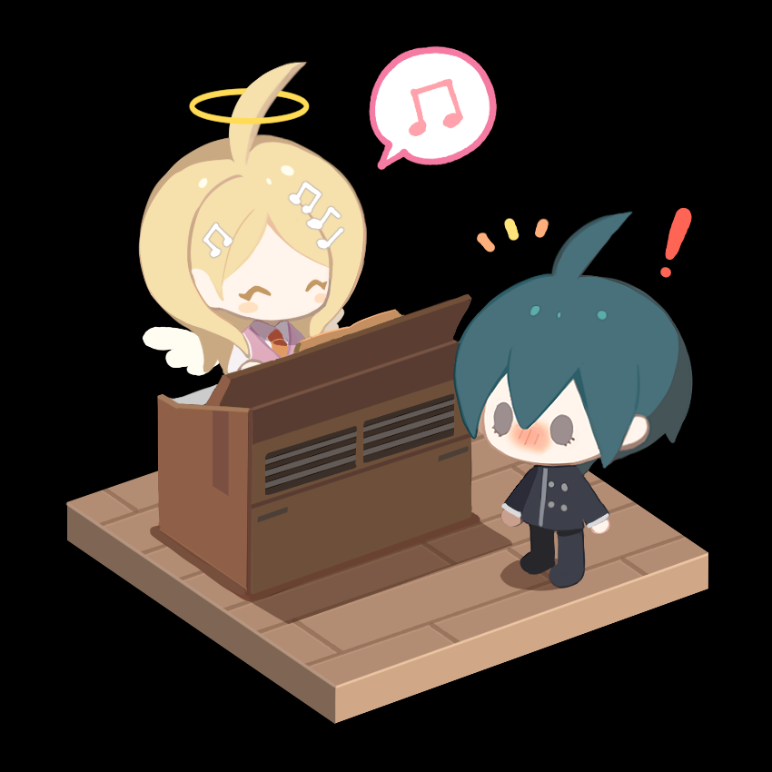 ! 1boy 1girl ahoge akamatsu_kaede angel_wings bangs black_background black_jacket black_pants blush blush_stickers chibi collared_shirt danganronpa_(series) danganronpa_v3:_killing_harmony hair_ornament halo happy jacket musical_note musical_note_hair_ornament necktie notice_lines pants pink_vest saihara_shuuichi sakuraihum shiny shiny_hair shirt speech_bubble spoken_musical_note standing vest wings wooden_floor