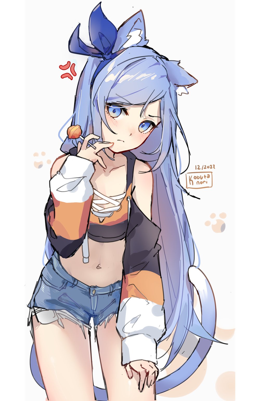 1girl anger_vein animal_ear_fluff animal_ears annoyed artist_name blue_eyes blue_hair blue_shorts blush borrowed_character candy cat_ears cat_girl cat_tail crop_top cutoffs dated denim denim_shorts detached_sleeves food hand_on_own_thigh hand_to_own_mouth highres kobutanori leaning_forward lollipop long_hair looking_at_viewer midriff minah_(chaesu) navel original ribbon shirt short_shorts shorts solo tail thighs