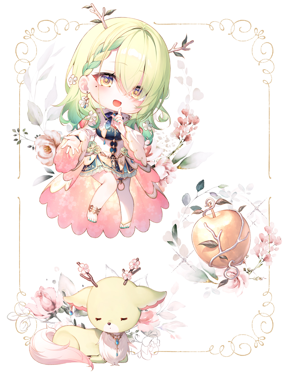 1girl antlers apple bangs blue_nails blush border bow bowtie braid braided_bangs brown_border ceres_fauna chibi earrings flower food framed fruit golden_apple green_flower green_hair hair_between_eyes hair_flower hair_ornament highres hololive hololive_english jewelry leaf long_hair looking_at_viewer mole mole_under_eye nemu_(ceres_fauna) open_mouth outstretched_arms outstretched_hand picture_frame pink_flower ring rose single_thighhigh tail thigh-highs toosaka_asagi virtual_youtuber white_flower wide_sleeves yellow_eyes