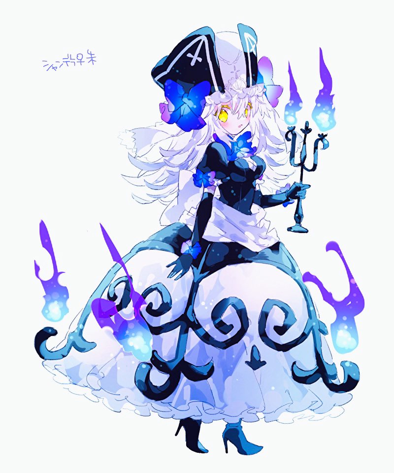 1girl back_bow black_dress black_footwear black_gloves black_headwear blue_bow blue_bowtie blue_fire boots bow bowtie candle candlestand chandelure commentary dress elbow_gloves fire gloves hair_bow hibi89 high_heel_boots high_heels holding holding_candle long_hair looking_at_viewer personification pokemon symbol-only_commentary veil white_bow white_hair wrist_bow yellow_eyes