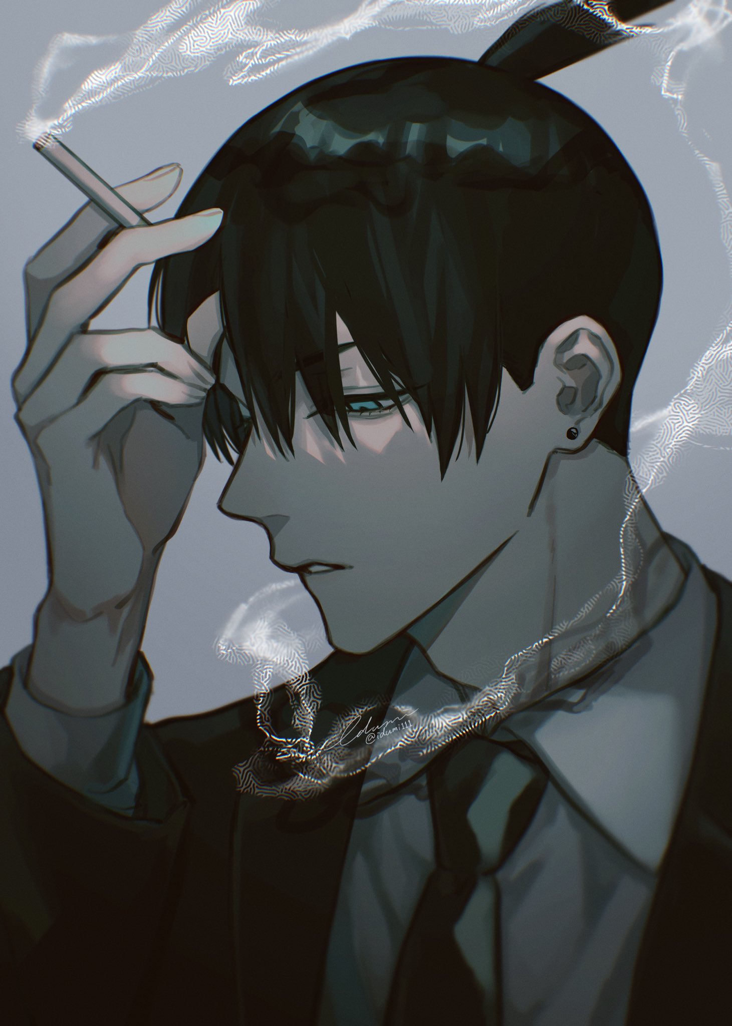 1boy black_hair black_jacket black_necktie chainsaw_man cigarette earrings formal green_eyes hayakawa_aki highres holding holding_cigarette izumi_(kisshot1126) jacket jewelry necktie portrait shirt short_ponytail smoke smoking solo suit suit_jacket white_shirt