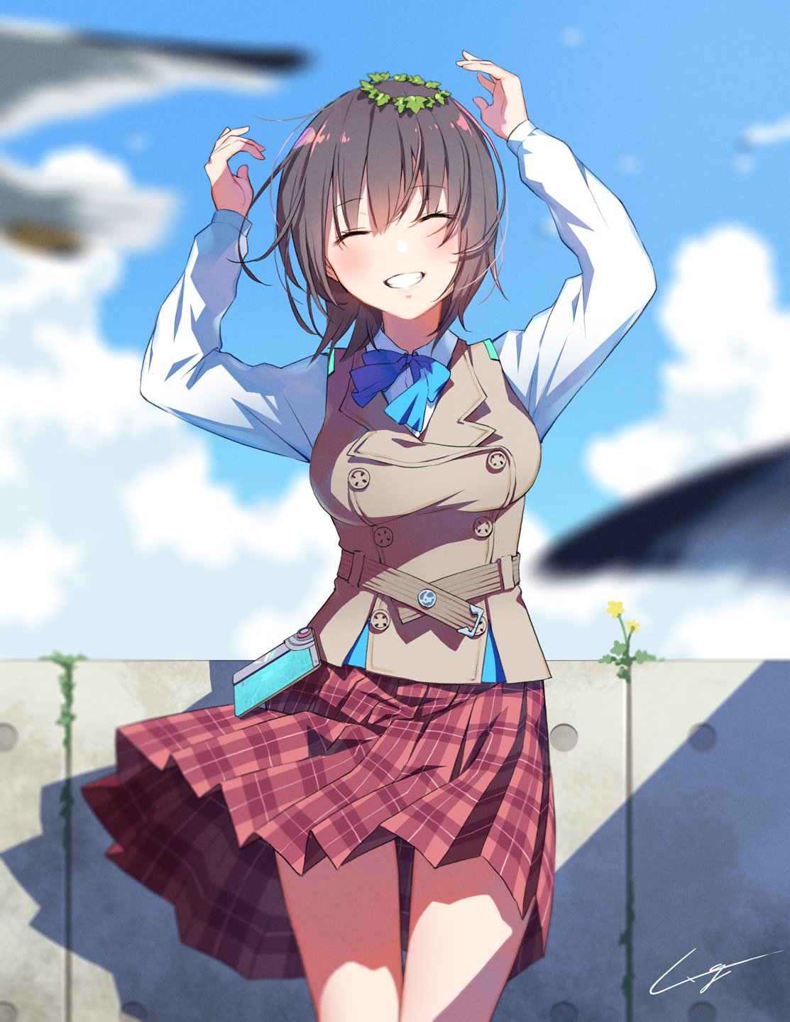 1girl aoi_erika bangs belt bird blue_bow blue_sky blush bow brown_vest buttons double-breasted grin happy head_wreath heaven_burns_red highres pleated_skirt sai_gomi_79 seagull shirt short_hair skirt sky smile solo vest white_shirt