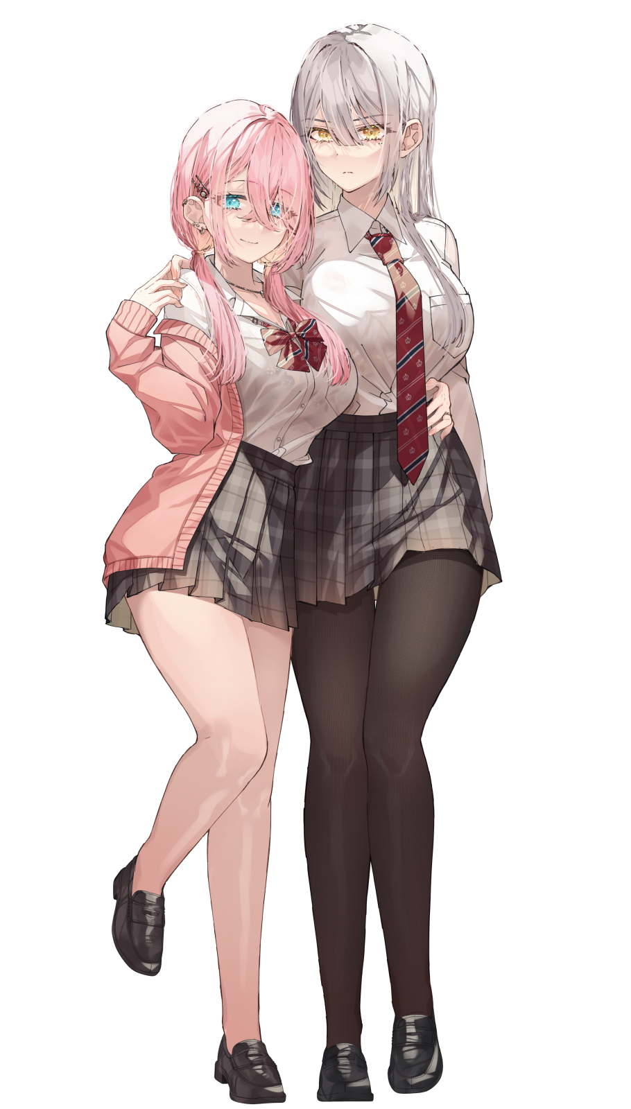 2girls arm_around_waist blue_eyes breasts couple grey_hair hand_on_another's_waist height_difference highres hug large_breasts long_hair low_twintails matsusatoru_kouji multiple_girls original pantyhose pink_hair pleated_skirt skirt smile twintails uniform yellow_eyes yuri