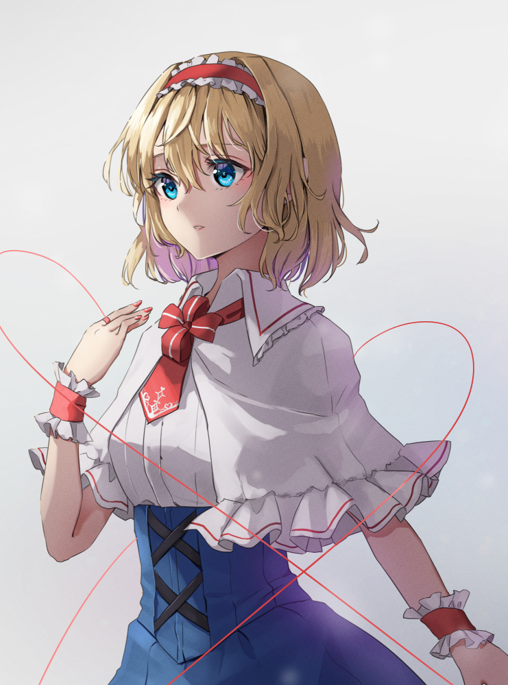 1girl alice_margatroid blonde_hair blue_dress blue_eyes capelet dress expressionless hair_between_eyes hair_ornament hairband lolita_hairband necktie red_hairband red_nails red_necktie shironeko_yuuki short_hair short_sleeves solo touhou two-tone_dress upper_body white_background white_capelet white_dress wrist_cuffs